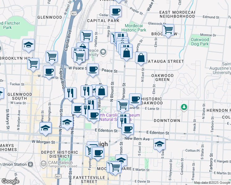 map of restaurants, bars, coffee shops, grocery stores, and more near 422 North Blount Street in Raleigh