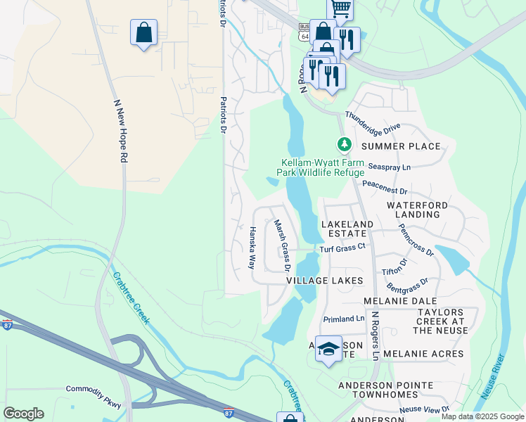 map of restaurants, bars, coffee shops, grocery stores, and more near 740 Hanska Way in Raleigh