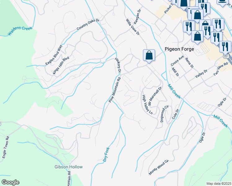 map of restaurants, bars, coffee shops, grocery stores, and more near 3202 Pine Way in Pigeon Forge