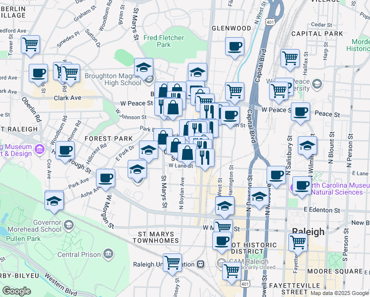 map of restaurants, bars, coffee shops, grocery stores, and more near 650 West North Street in Raleigh