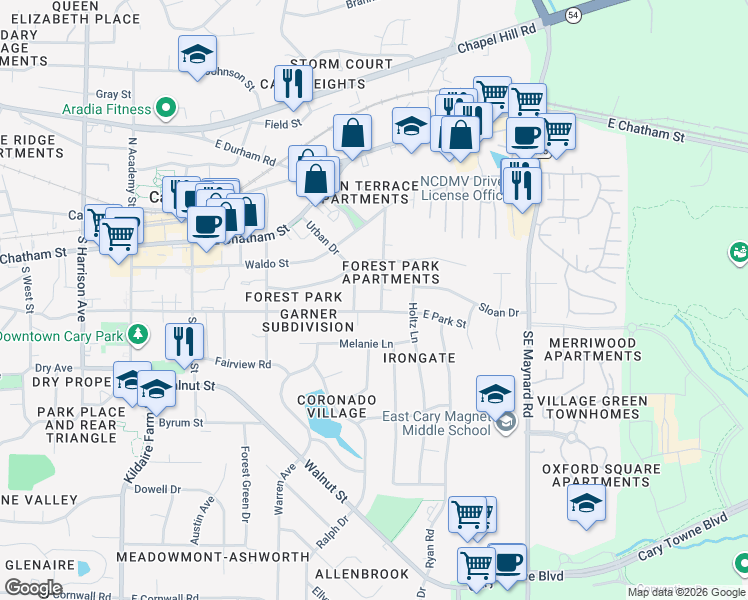map of restaurants, bars, coffee shops, grocery stores, and more near 220 Clay Street in Cary