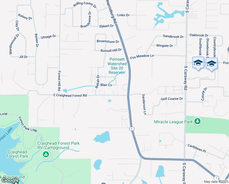 map of restaurants, bars, coffee shops, grocery stores, and more near 950 East Craighead Forest Road in Jonesboro