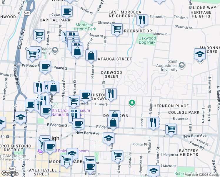map of restaurants, bars, coffee shops, grocery stores, and more near 418 Elm Street in Raleigh