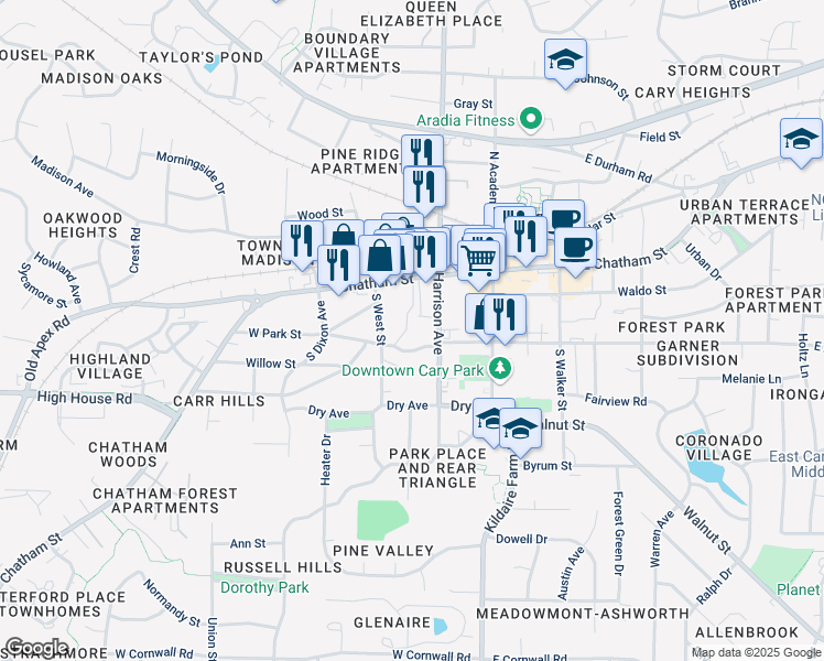 map of restaurants, bars, coffee shops, grocery stores, and more near 1017 Parkthrough Street in Cary