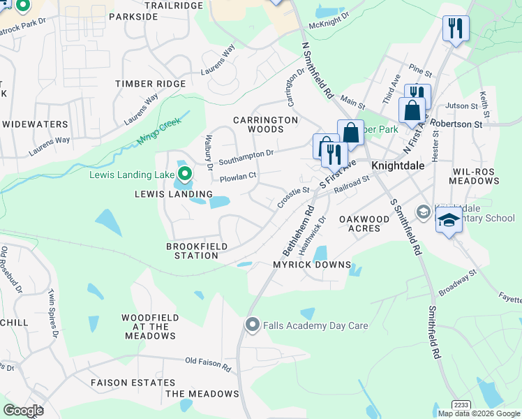 map of restaurants, bars, coffee shops, grocery stores, and more near 313 Brakeman Street in Knightdale