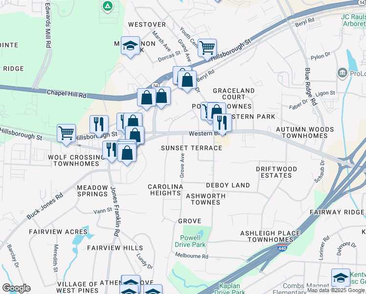 map of restaurants, bars, coffee shops, grocery stores, and more near 511 Grove Avenue in Raleigh