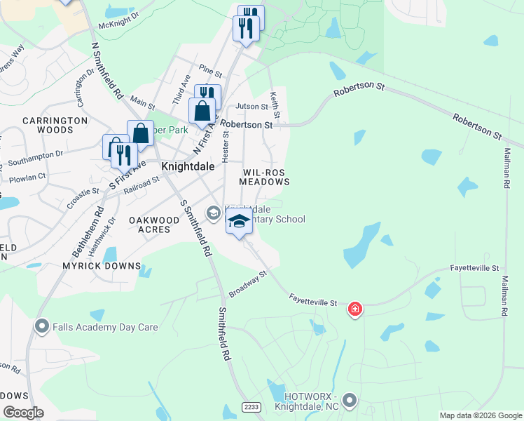 map of restaurants, bars, coffee shops, grocery stores, and more near 202 Flowers Street in Knightdale