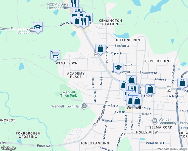 map of restaurants, bars, coffee shops, grocery stores, and more near 420 Wall Street in Wendell