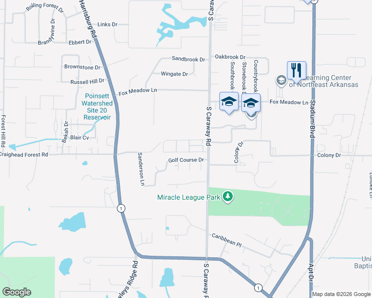 map of restaurants, bars, coffee shops, grocery stores, and more near 6 Willow Creek Lane in Jonesboro