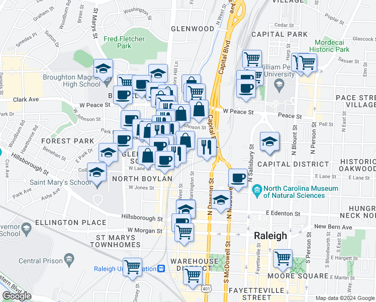 map of restaurants, bars, coffee shops, grocery stores, and more near in Raleigh