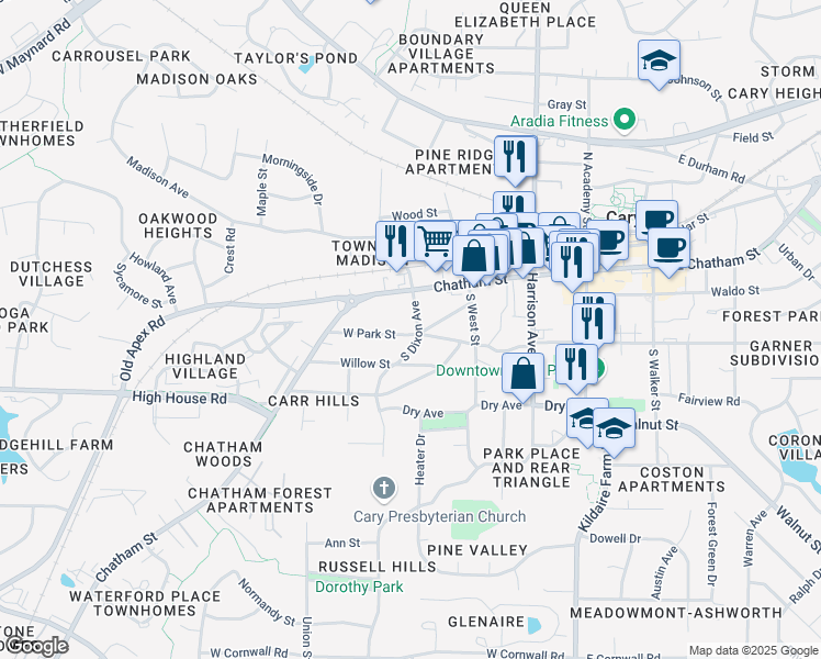 map of restaurants, bars, coffee shops, grocery stores, and more near 124 South Dixon Avenue in Cary