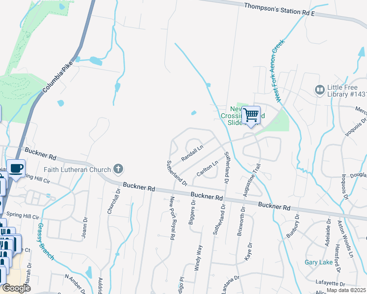 map of restaurants, bars, coffee shops, grocery stores, and more near 5007 Hancock Circle in Thompson's Station
