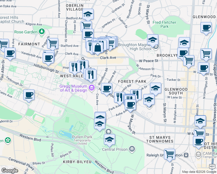 map of restaurants, bars, coffee shops, grocery stores, and more near 117 Forest Road in Raleigh