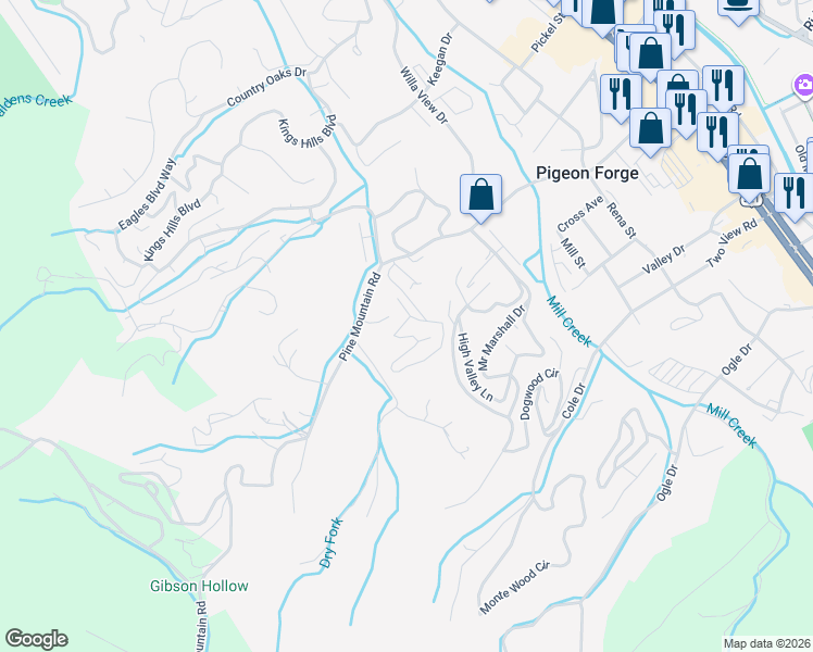 map of restaurants, bars, coffee shops, grocery stores, and more near 521 Chickasaw Gap Way in Pigeon Forge