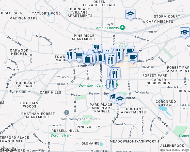 map of restaurants, bars, coffee shops, grocery stores, and more near 1015 Parkthrough Street in Cary