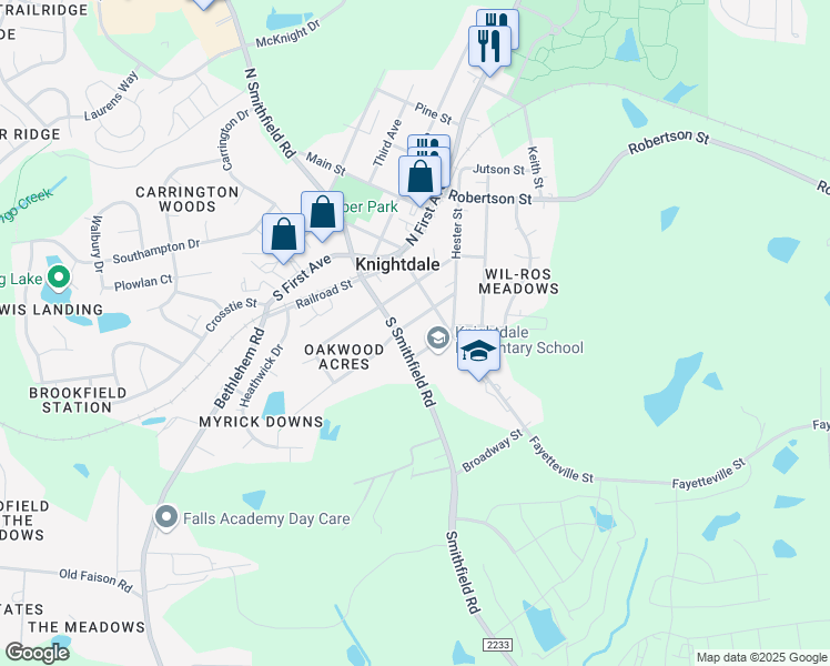 map of restaurants, bars, coffee shops, grocery stores, and more near 119 Harper Street in Knightdale