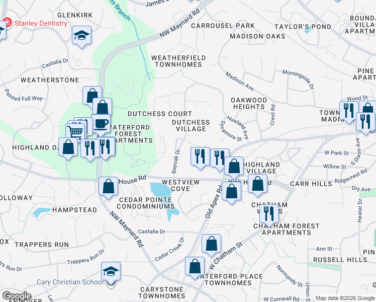 map of restaurants, bars, coffee shops, grocery stores, and more near 104 Canterfield Road in Cary