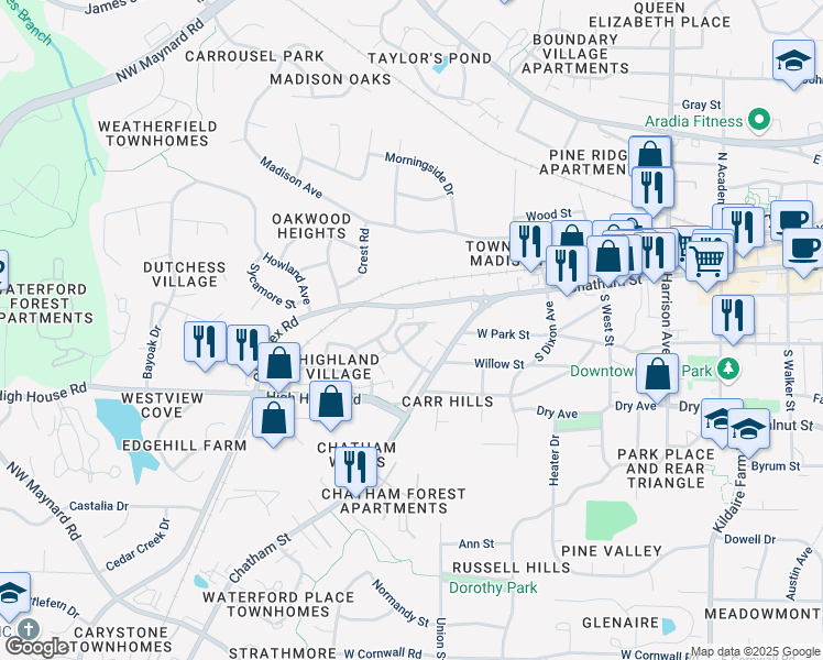 map of restaurants, bars, coffee shops, grocery stores, and more near 742 Samuel Cary Drive in Cary
