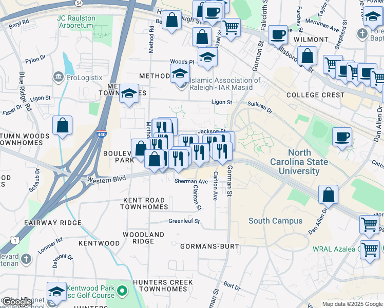 map of restaurants, bars, coffee shops, grocery stores, and more near 3901 Lexington Drive in Raleigh