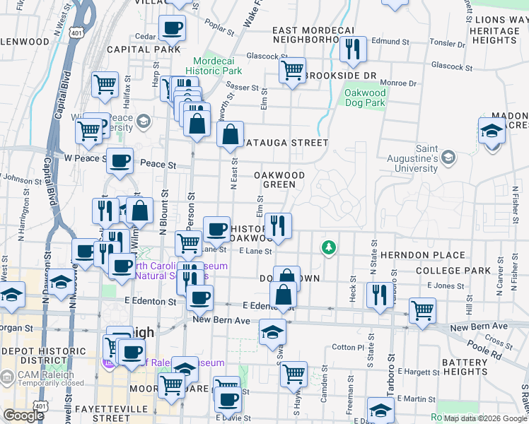 map of restaurants, bars, coffee shops, grocery stores, and more near 418 Elm Street in Raleigh