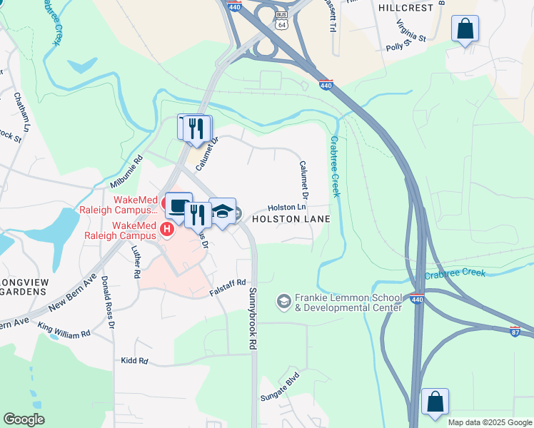 map of restaurants, bars, coffee shops, grocery stores, and more near 3012 Holston Lane in Raleigh
