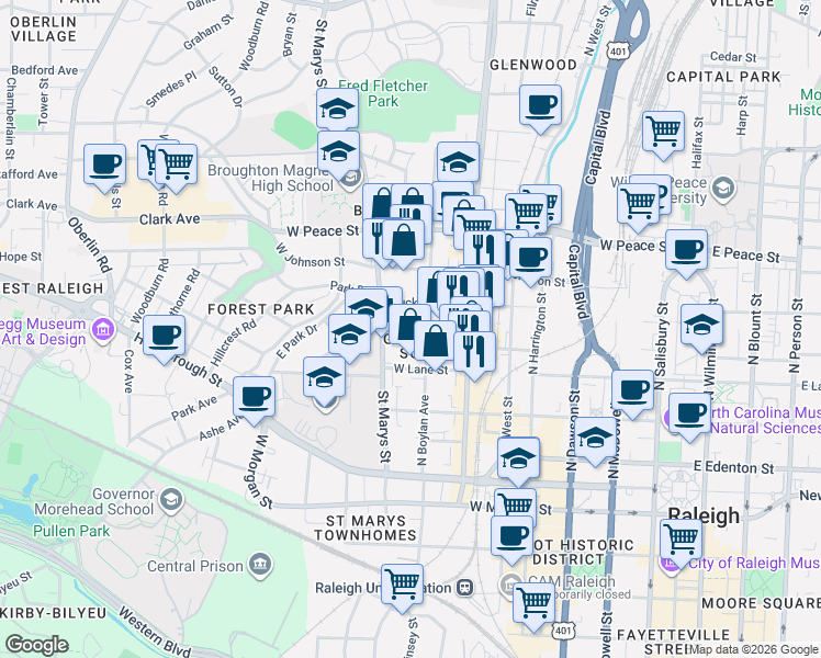 map of restaurants, bars, coffee shops, grocery stores, and more near in Raleigh