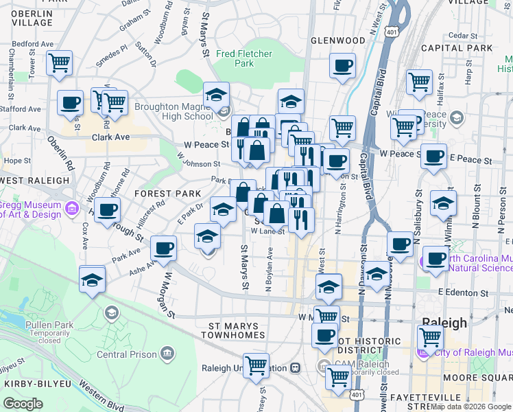 map of restaurants, bars, coffee shops, grocery stores, and more near in Raleigh
