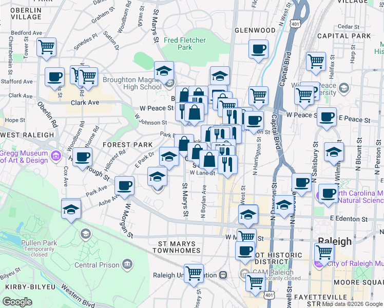 map of restaurants, bars, coffee shops, grocery stores, and more near in Raleigh