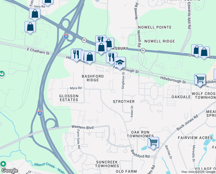 map of restaurants, bars, coffee shops, grocery stores, and more near 6058 Inona Place in Raleigh