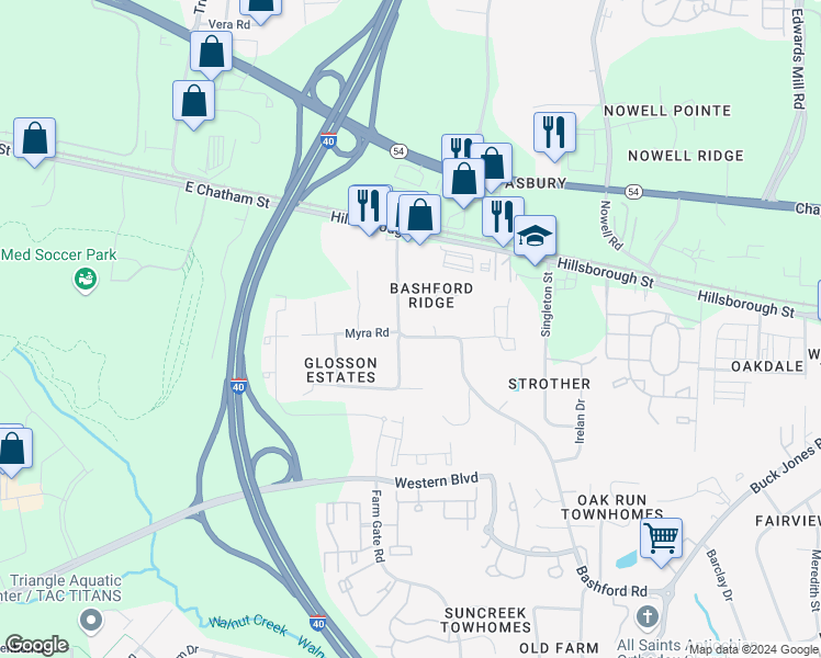 map of restaurants, bars, coffee shops, grocery stores, and more near 117 Bashford Road in Raleigh