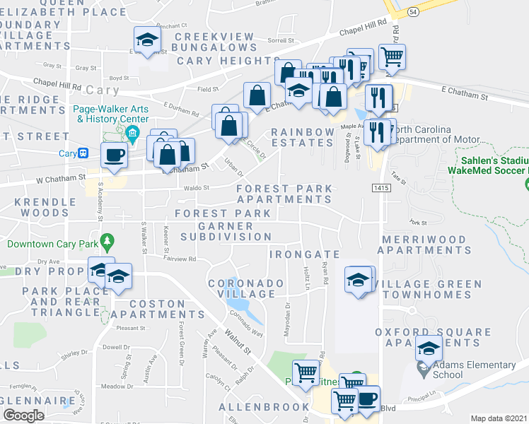 map of restaurants, bars, coffee shops, grocery stores, and more near 220 Clay Street in Cary