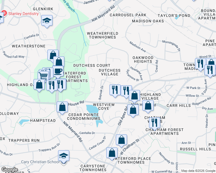 map of restaurants, bars, coffee shops, grocery stores, and more near 104 Canterfield Road in Cary