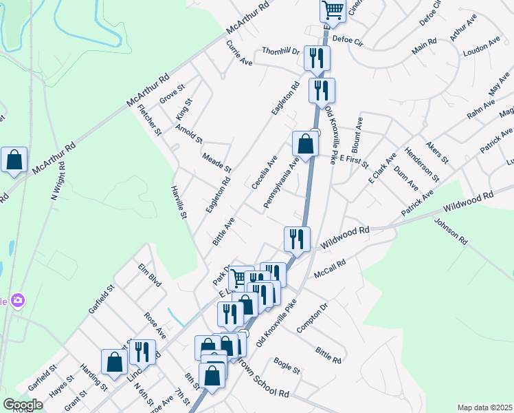 map of restaurants, bars, coffee shops, grocery stores, and more near 2313 Coleman Street in Maryville