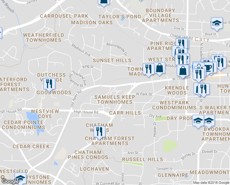 map of restaurants, bars, coffee shops, grocery stores, and more near 748 Samuel Cary Drive in Cary