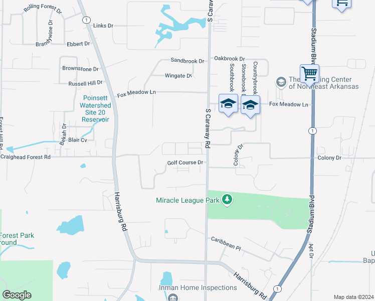 map of restaurants, bars, coffee shops, grocery stores, and more near 6 Willow Creek Lane in Jonesboro