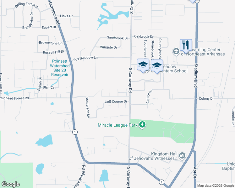 map of restaurants, bars, coffee shops, grocery stores, and more near 4515 South Caraway Road in Jonesboro
