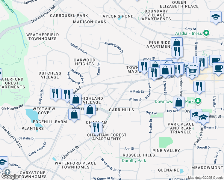 map of restaurants, bars, coffee shops, grocery stores, and more near 748 Samuel Cary Drive in Cary