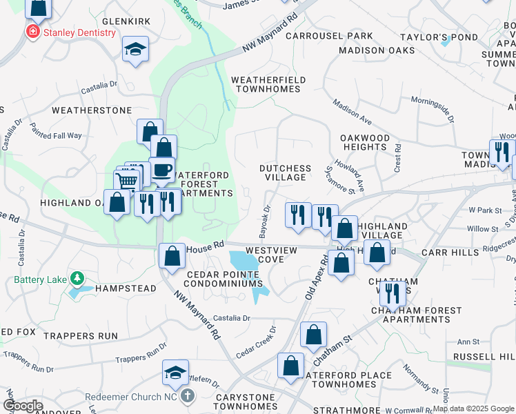 map of restaurants, bars, coffee shops, grocery stores, and more near 107 Hedgerow Court in Cary