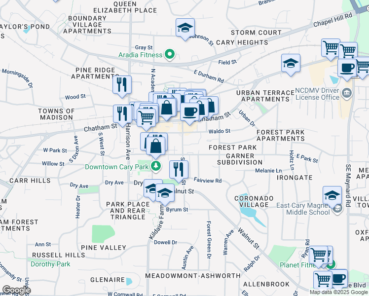 map of restaurants, bars, coffee shops, grocery stores, and more near 217 S Walker St in Cary