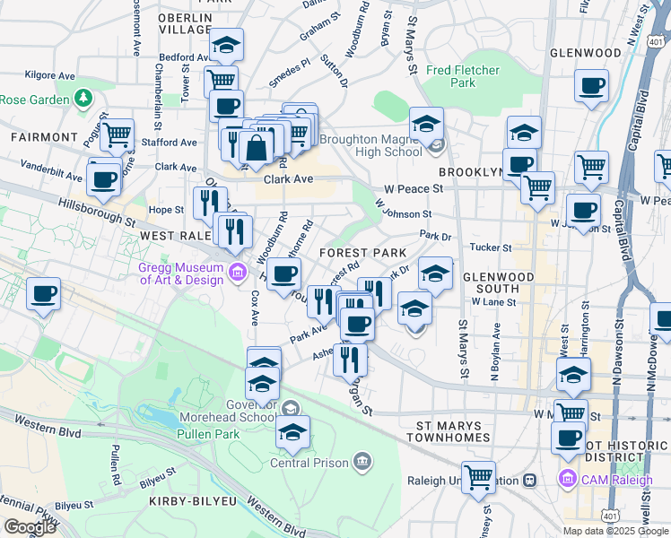 map of restaurants, bars, coffee shops, grocery stores, and more near 203 Hillcrest Road in Raleigh