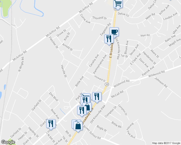 map of restaurants, bars, coffee shops, grocery stores, and more near 2313 Coleman Street in Maryville