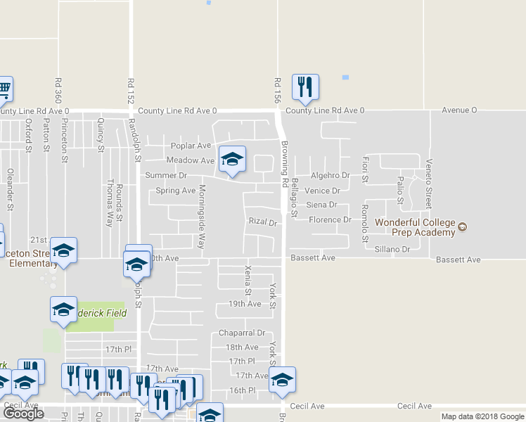 map of restaurants, bars, coffee shops, grocery stores, and more near 2232 Palomar Court in Delano