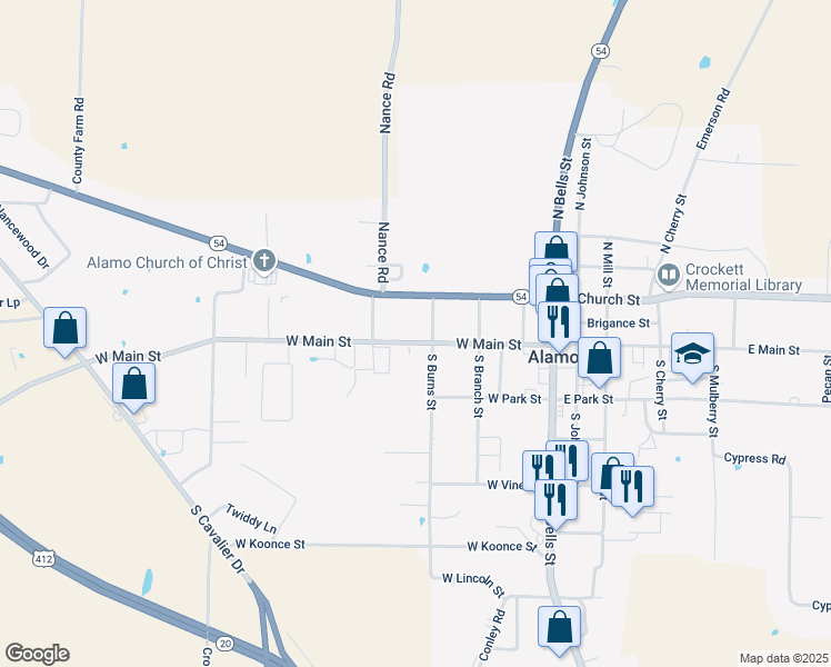 map of restaurants, bars, coffee shops, grocery stores, and more near 270 W Main St in Alamo
