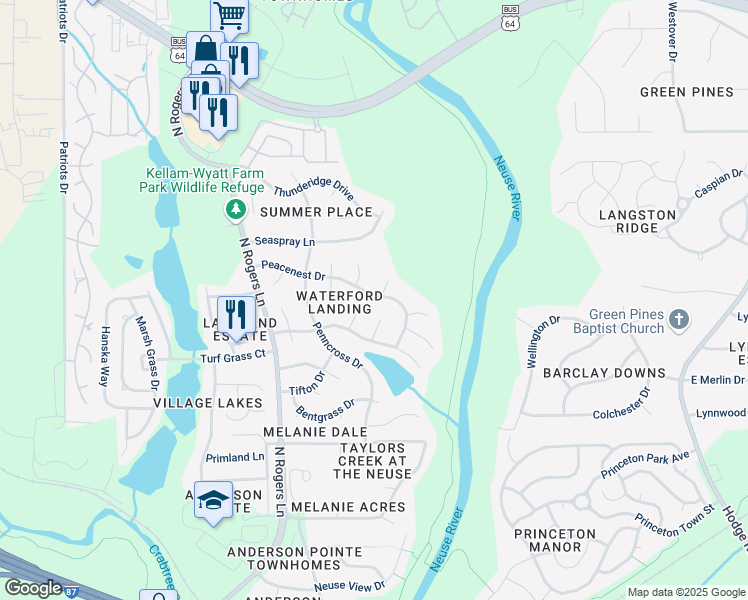 map of restaurants, bars, coffee shops, grocery stores, and more near 5612 Peacenest Drive in Raleigh