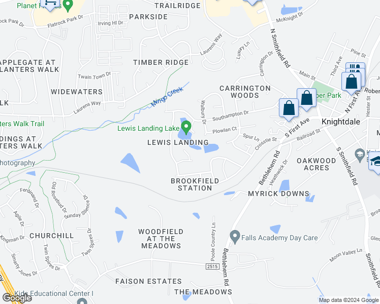 map of restaurants, bars, coffee shops, grocery stores, and more near 110 Tortola Place in Knightdale