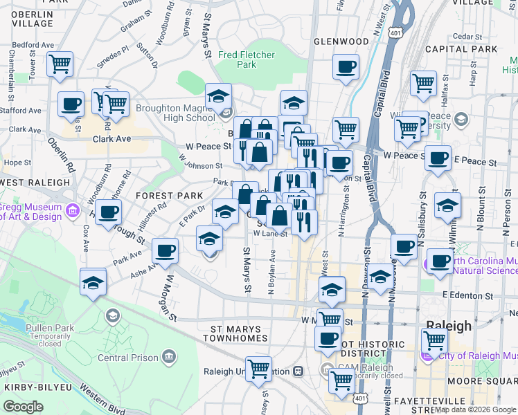 map of restaurants, bars, coffee shops, grocery stores, and more near in Raleigh