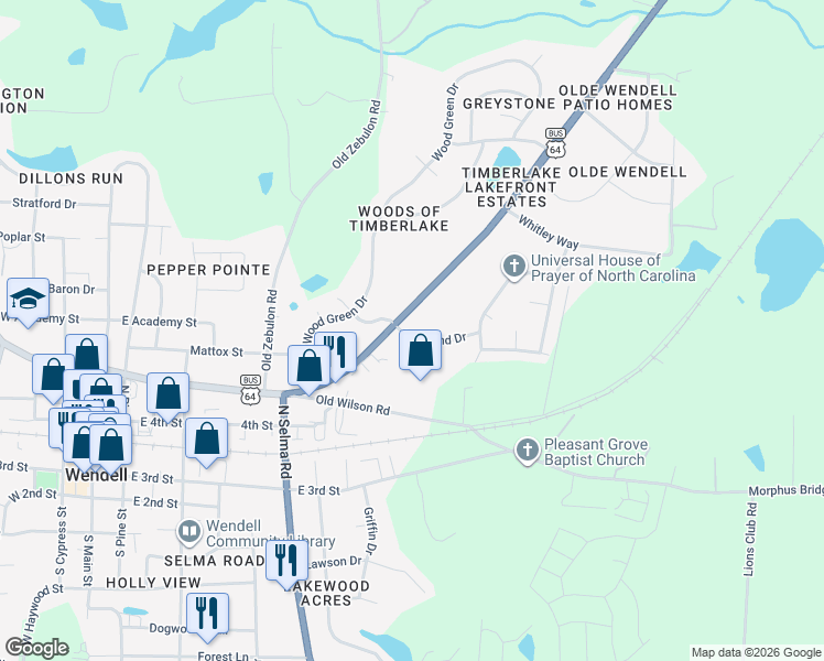 map of restaurants, bars, coffee shops, grocery stores, and more near 615 Raymond Drive in Wendell