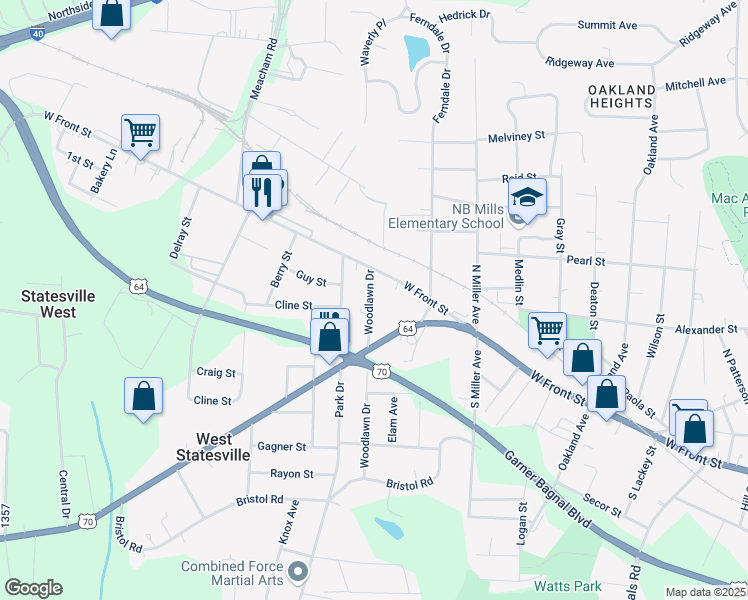 map of restaurants, bars, coffee shops, grocery stores, and more near 135 Woodlawn Drive in Statesville
