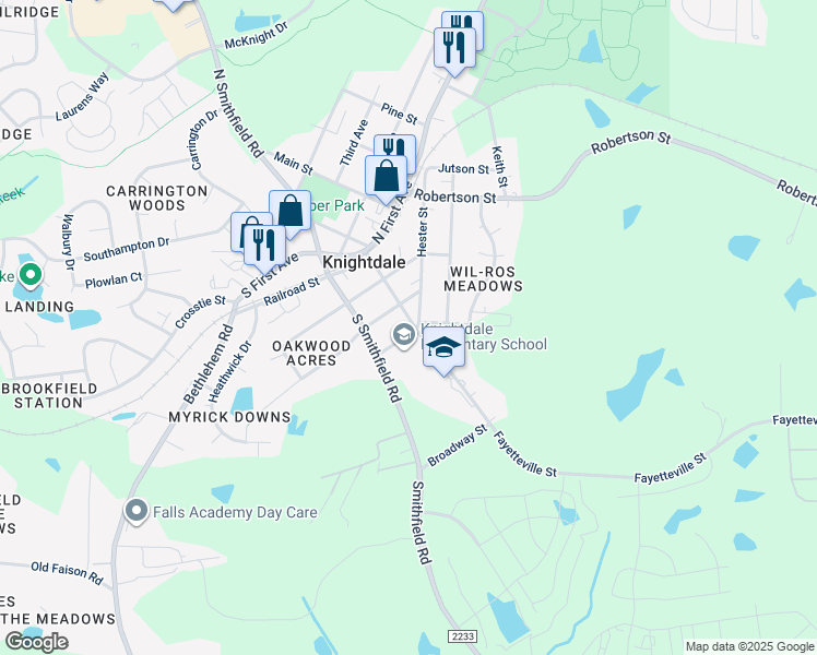 map of restaurants, bars, coffee shops, grocery stores, and more near 100 Ridge Street in Knightdale
