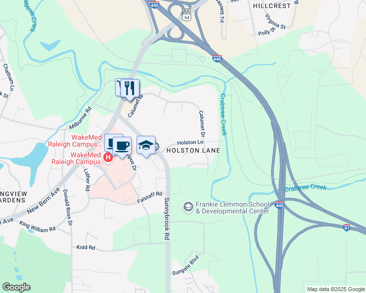 map of restaurants, bars, coffee shops, grocery stores, and more near 3012 Holston Lane in Raleigh